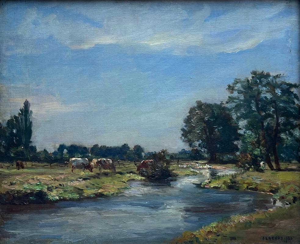 Impressionista britannico Bestiame al pascolo in un paesaggio fluviale, Mostra della Royal Academy - Painting di James Levin Henry