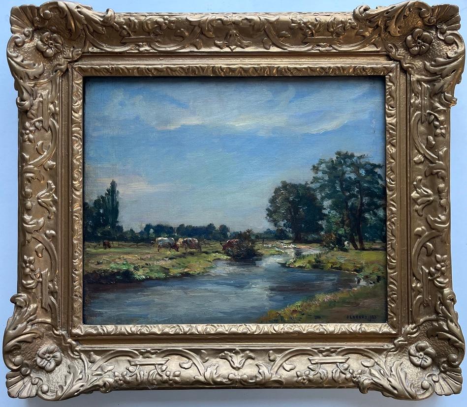 Impressionista britannico Bestiame al pascolo in un paesaggio fluviale, Mostra della Royal Academy - Painting Impressionismo di James Levin Henry