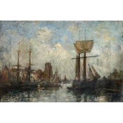 James Levin Henry (1855-1929) Impressionistisches Ölgemälde, Versand in einem geschäftigen Hafen