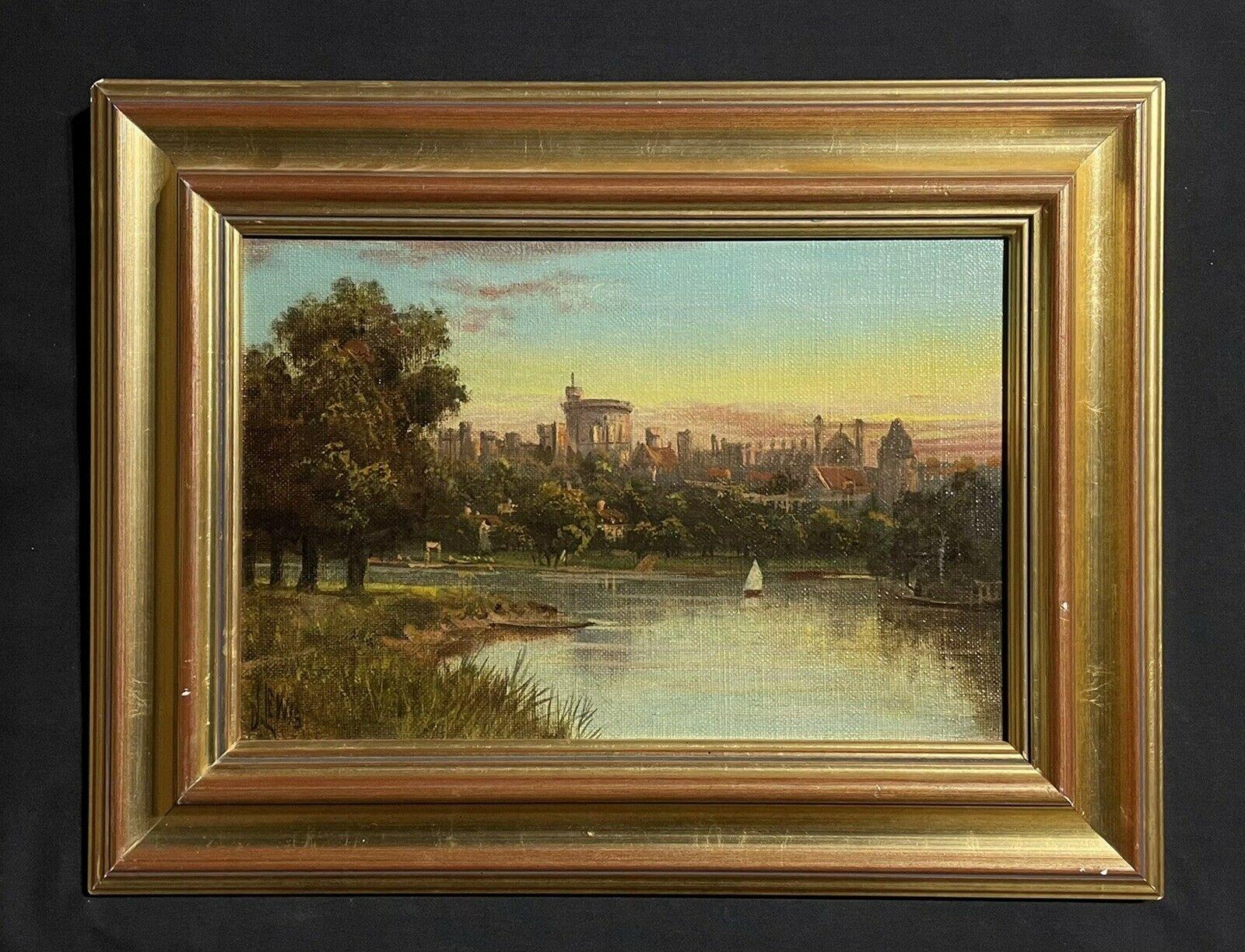 Windsor Castle at Sunset from the River Thames, Signed Antique English Oil - Painting by James Lewis
