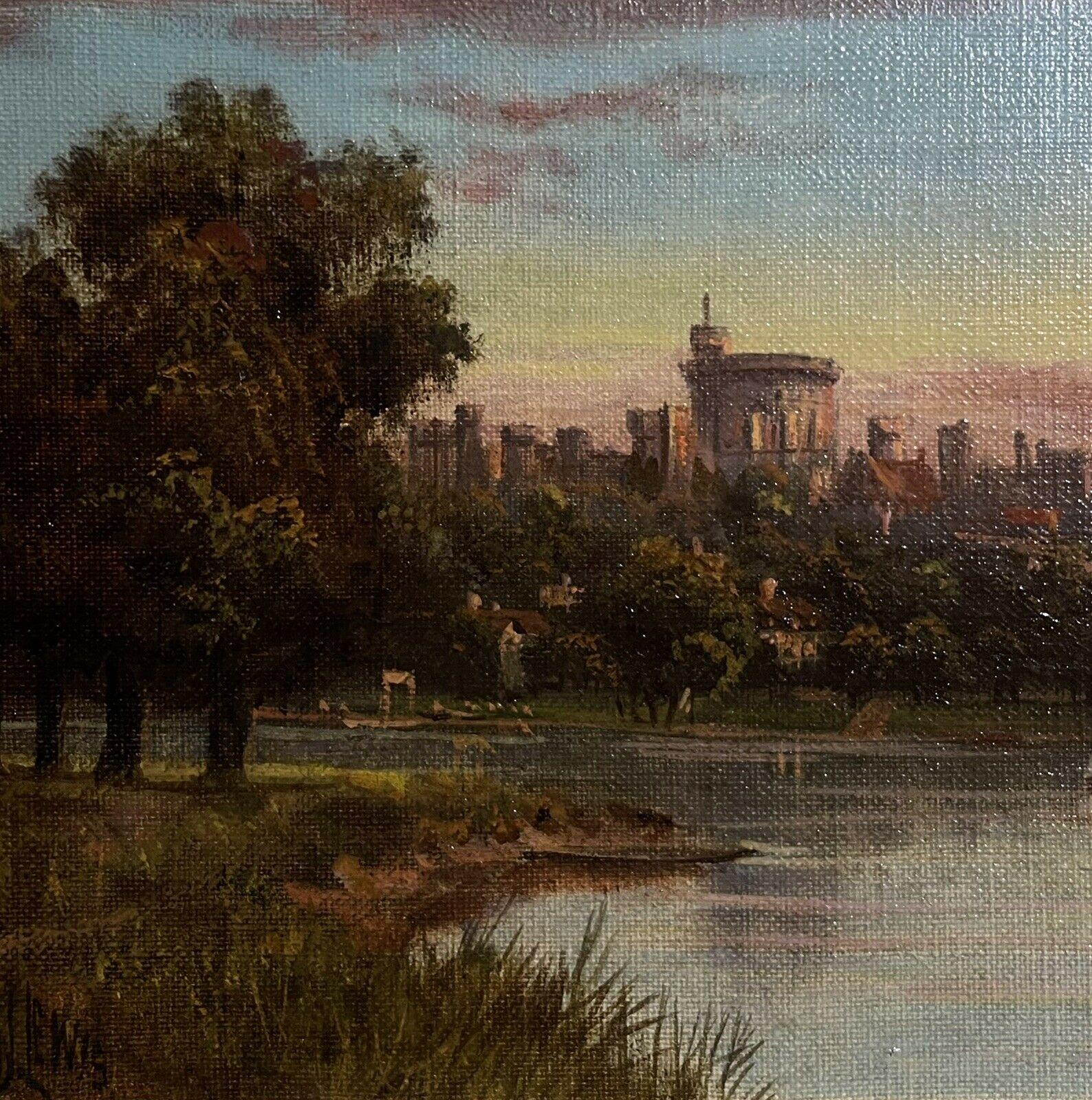 Windsor Castle at Sunset from the River Thames, Signed Antique English Oil - Victorian Painting by James Lewis