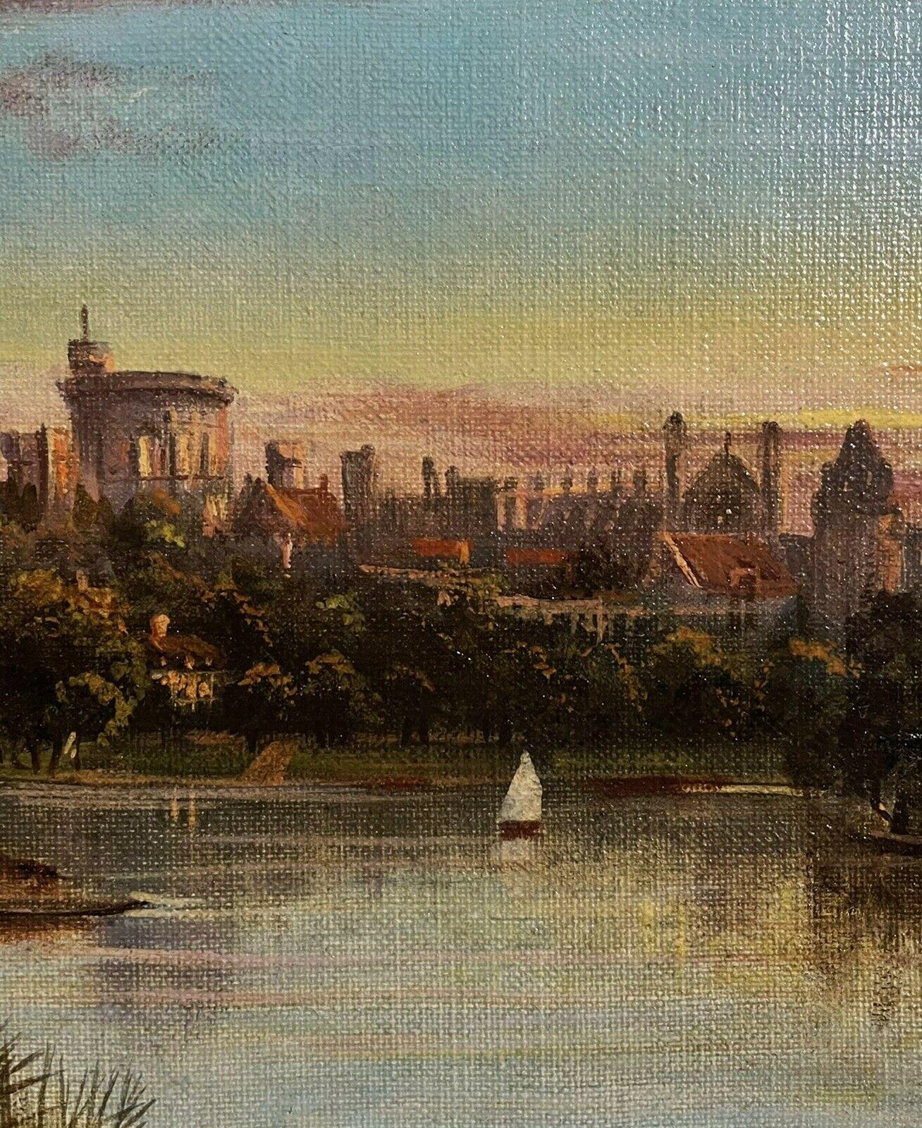 Windsor Castle at Sunset from the River Thames, Signed Antique English Oil - Brown Landscape Painting by James Lewis