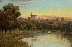 Windsor Castle at Sunset from the River Thames, Signed Antique English Oil 
