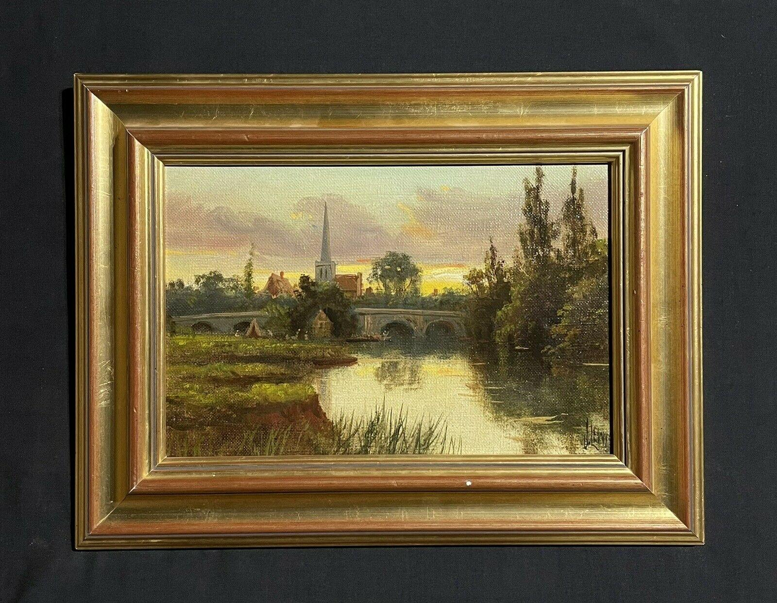 Antique English Signed Oil - Sunset over the River Thames fields and church - Painting by James Lewis