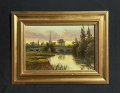 Antico olio inglese firmato - Tramonto sui campi e sulla chiesa del Tamigi