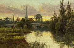 Antikes englisches signiertes Ölgemälde - Sonnenuntergang über den Feldern und der Kirche am Fluss Thames
