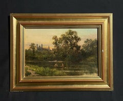 Cappella dell'Eton College al tramonto vista dal fiume Tamigi, olio antico firmato