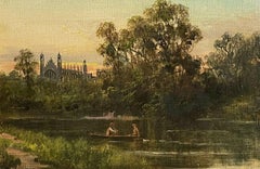 Eton College Chapel at Sunset viewed from River Thames, signed antique Oil