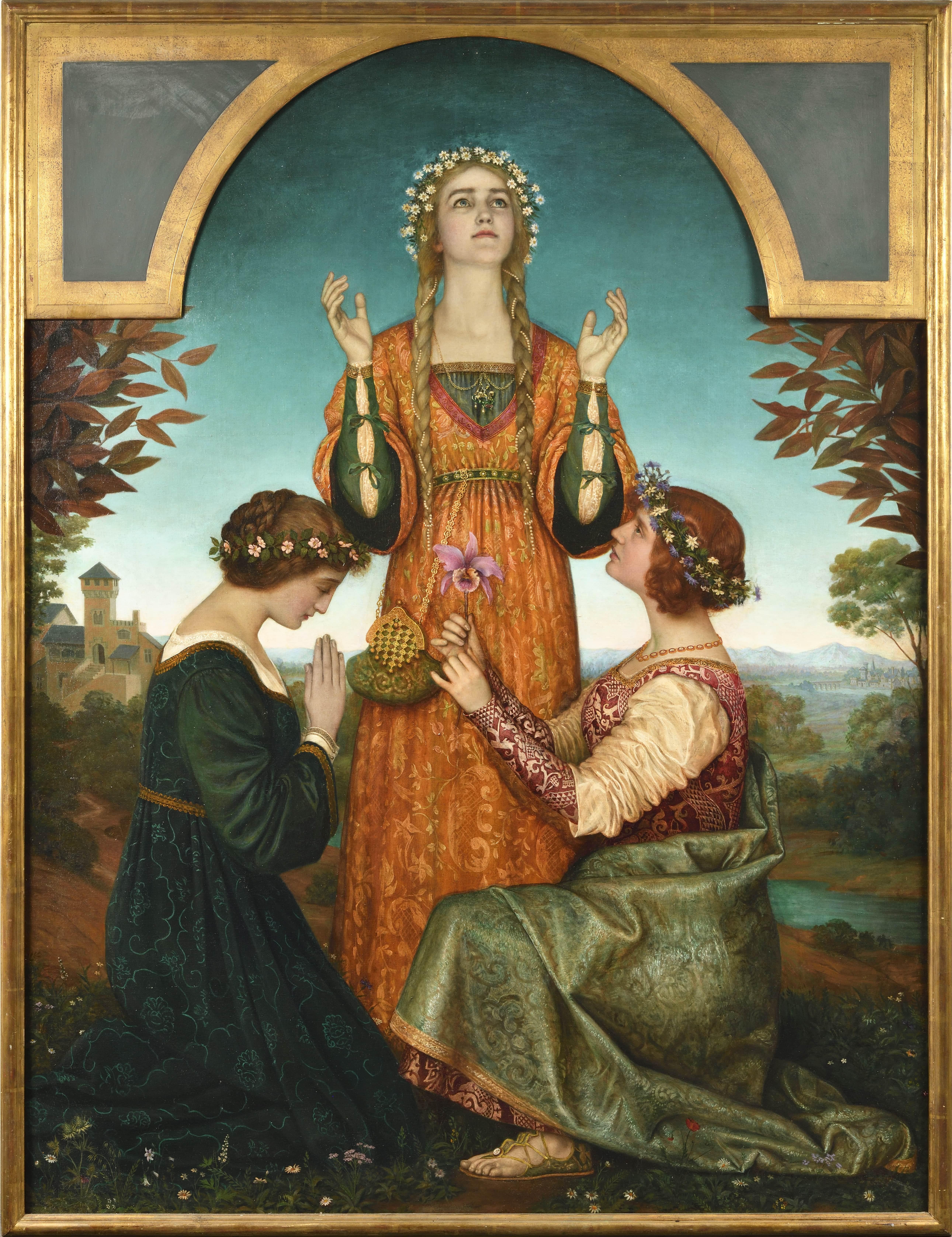 Figurative Painting de James Linton Dromgole - Allégorie du printemps entourée de ses deux suivantes sur fond de paysage italia