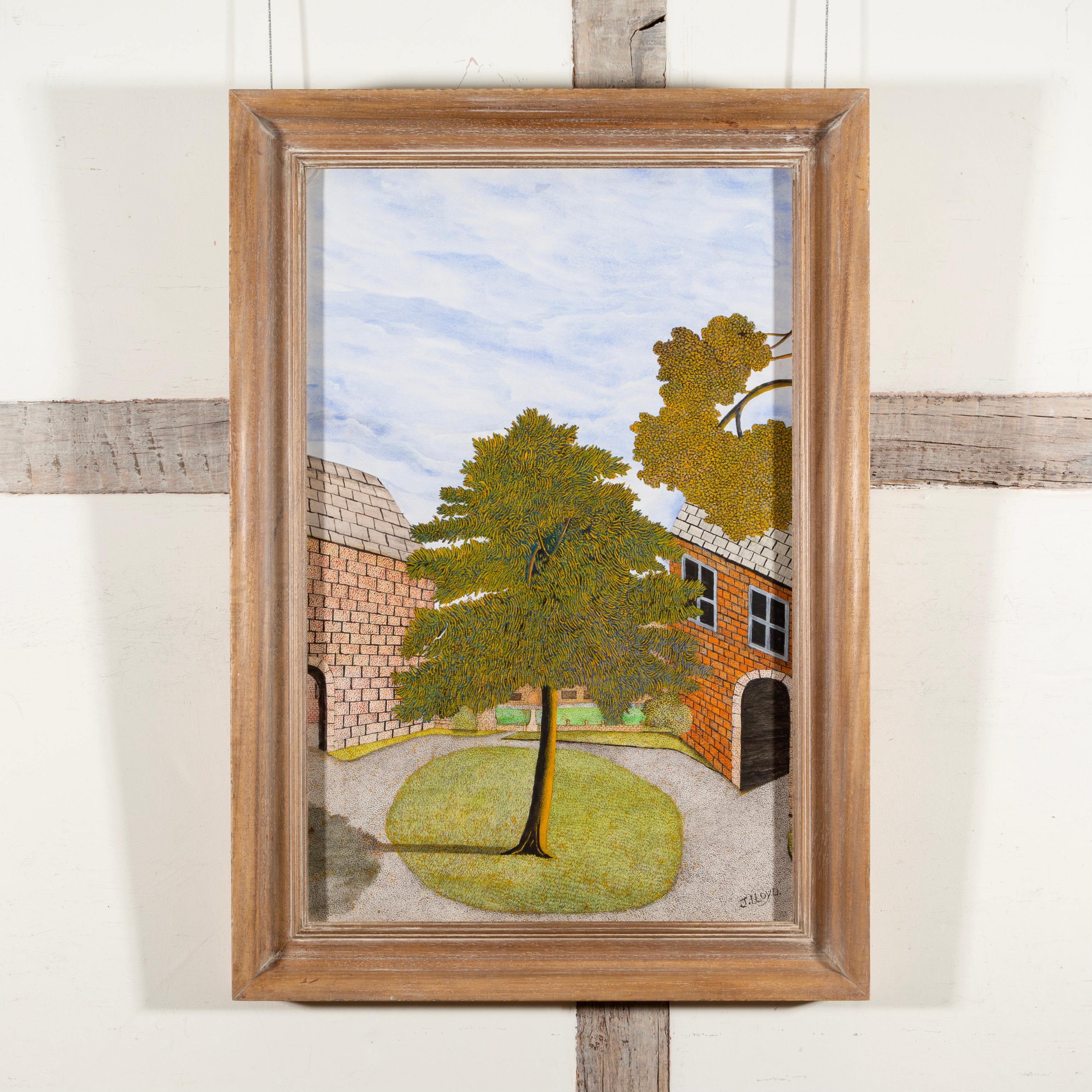 Albero e cortile - Quadro del XX secolo con albero ed edifici - Art di James Lloyd