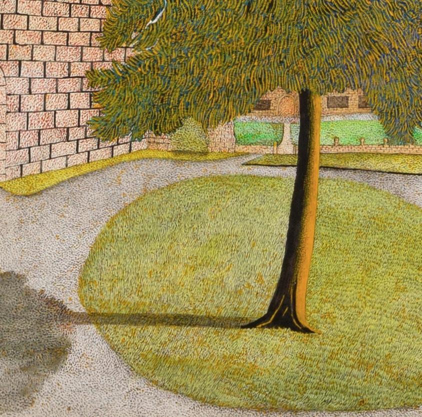 Albero e cortile - Quadro del XX secolo con albero ed edifici - Figurative Art Marrone di James Lloyd