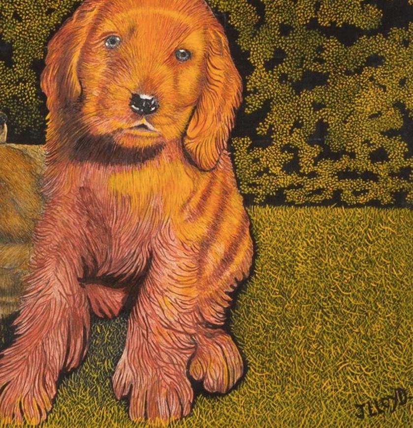 Due cani in un campo - Pittura di cani con paesaggio verde in stile naif, 1960 ca. - Animal Painting Marrone di James Lloyd