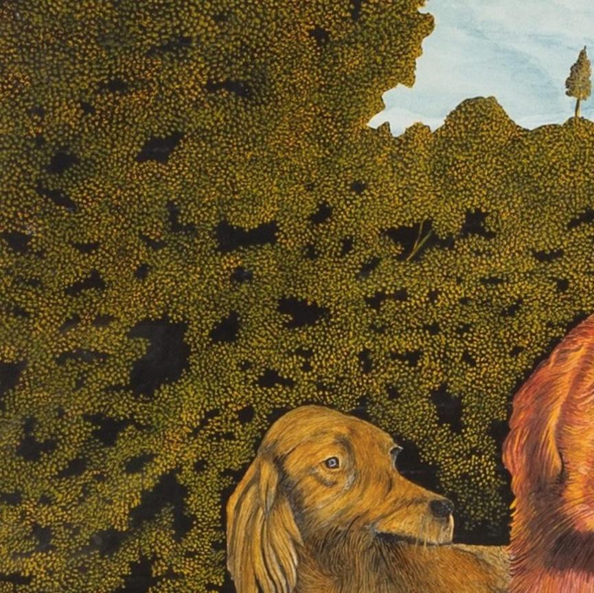 Due cani in un campo - Pittura di cani con paesaggio verde in stile naif, 1960 ca. in vendita 1