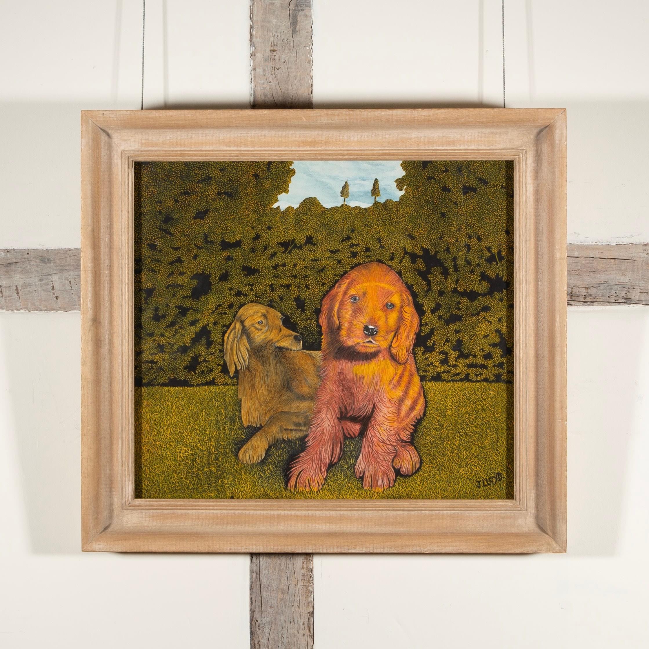 Due cani in un campo - Pittura di cani con paesaggio verde in stile naif, 1960 ca. - Painting di James Lloyd