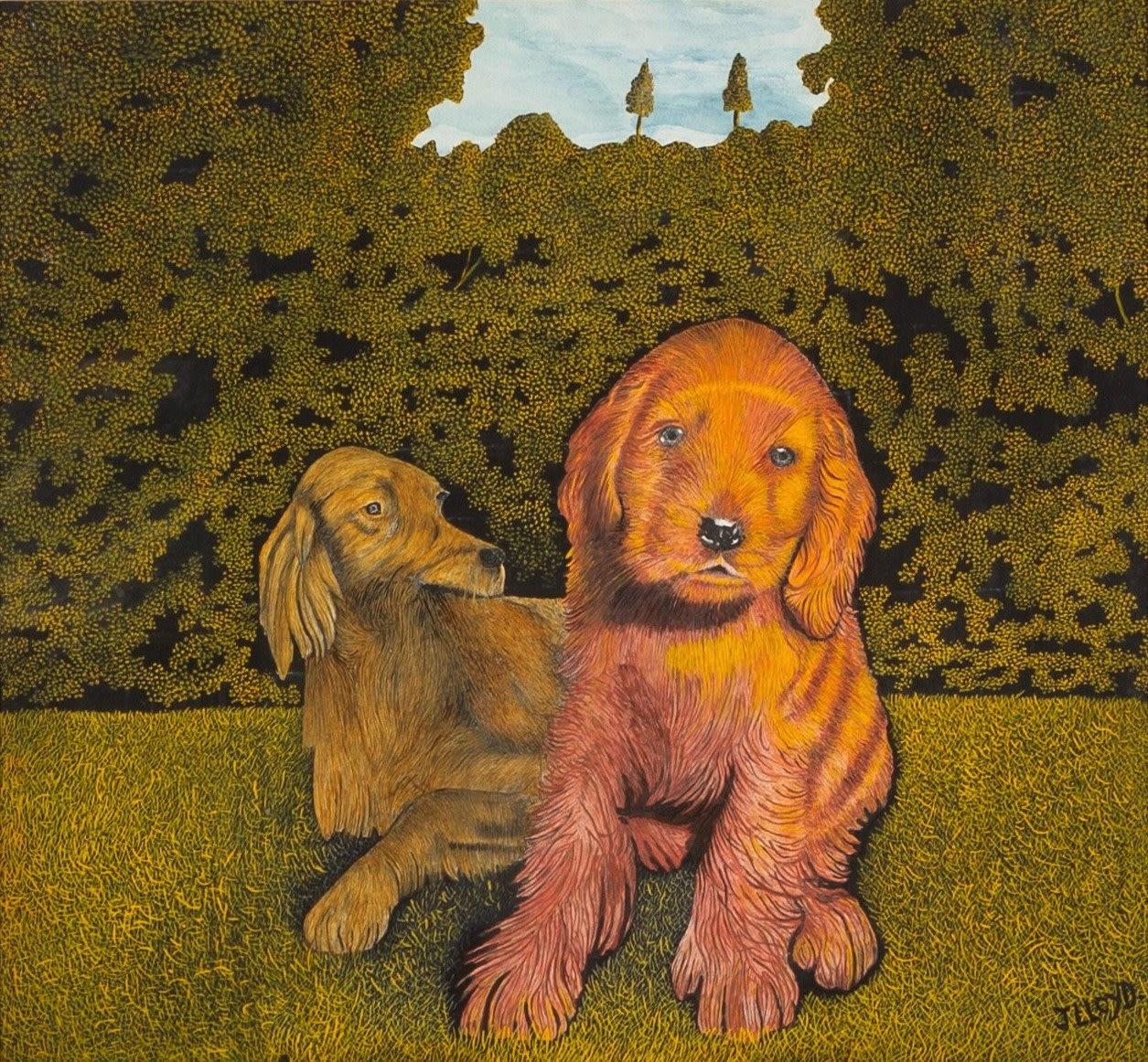 Animal Painting di James Lloyd - Due cani in un campo - Pittura di cani con paesaggio verde in stile naif, 1960 ca.