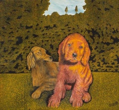 Due cani in un campo - Pittura di cani con paesaggio verde in stile naif, 1960 ca.