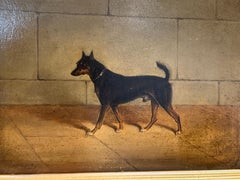 19th century English portrait of a terrier dog, black and brown standing