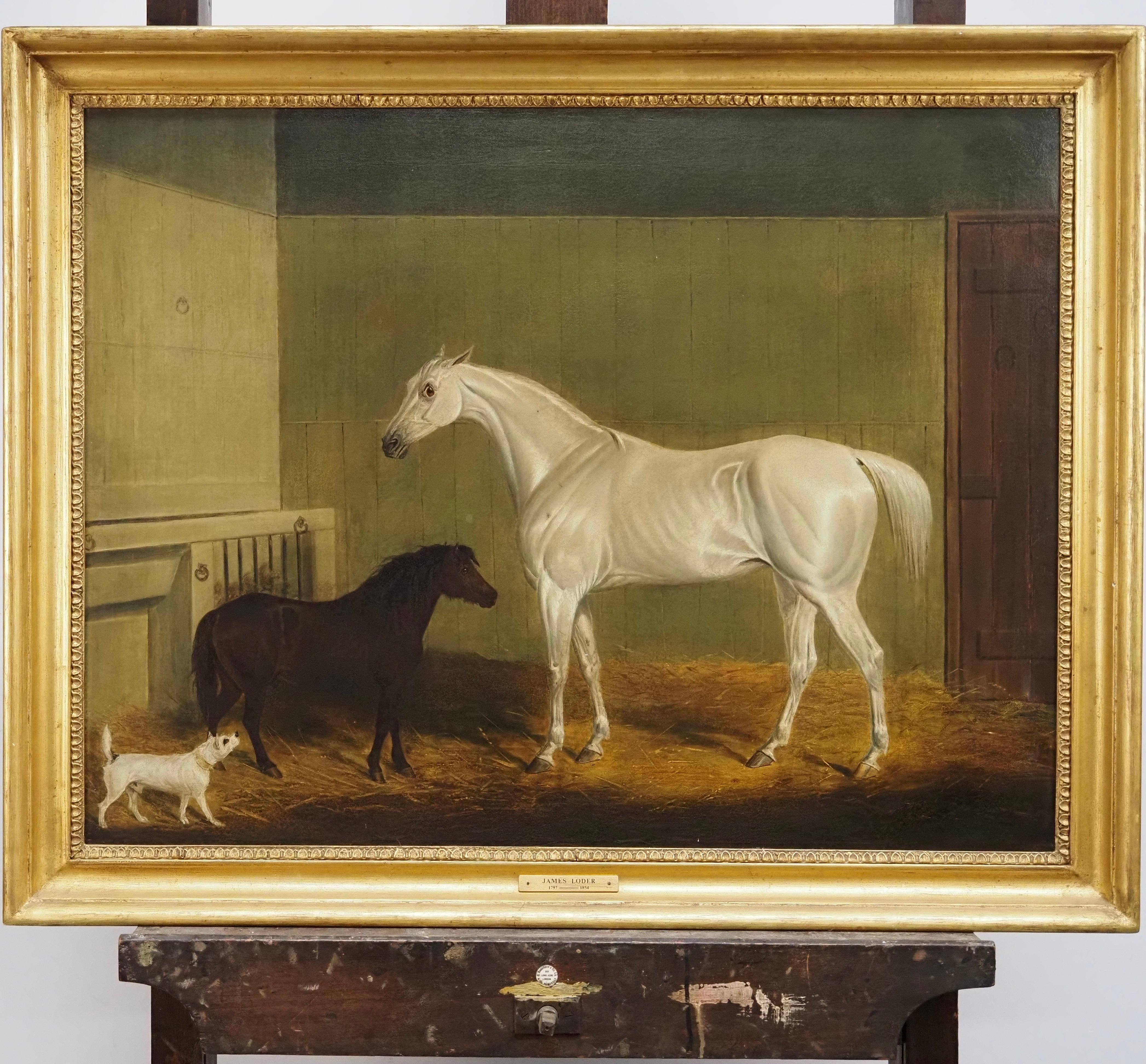 A grey horse, pony and terrier in a stable - Victorian Painting by James Loder of Bath