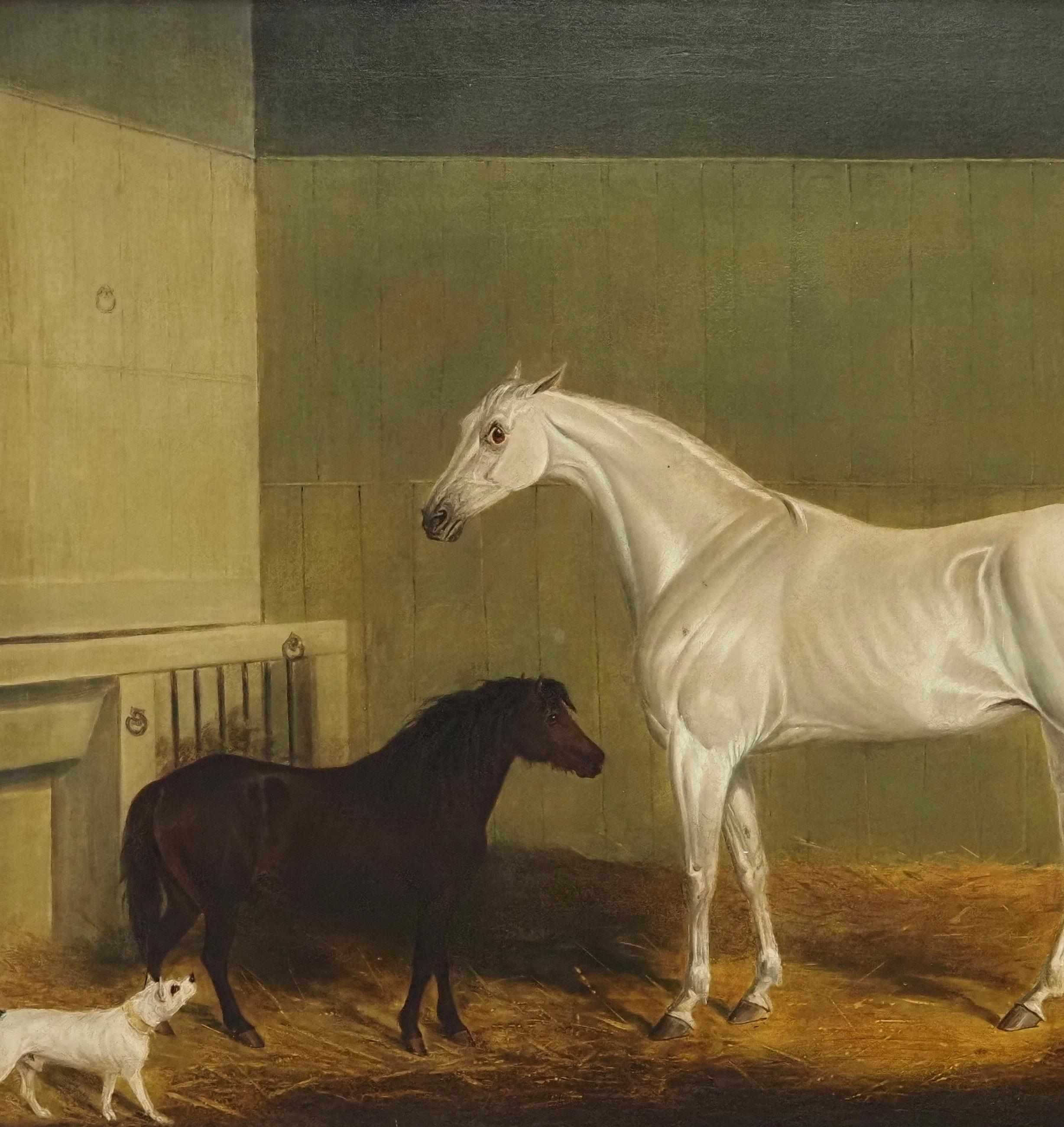 A grey horse, pony and terrier in a stable - Victorian Painting by James Loder of Bath
