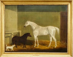 Un cheval, un poney et un terrier gris dans une écurie