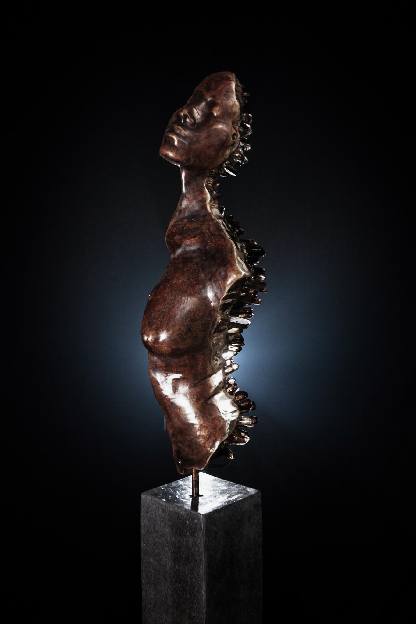 James Lomax Abstract Sculpture - "Liminal State" — Contemporary Bronze Sculpture with Smoky Quartz Crystals