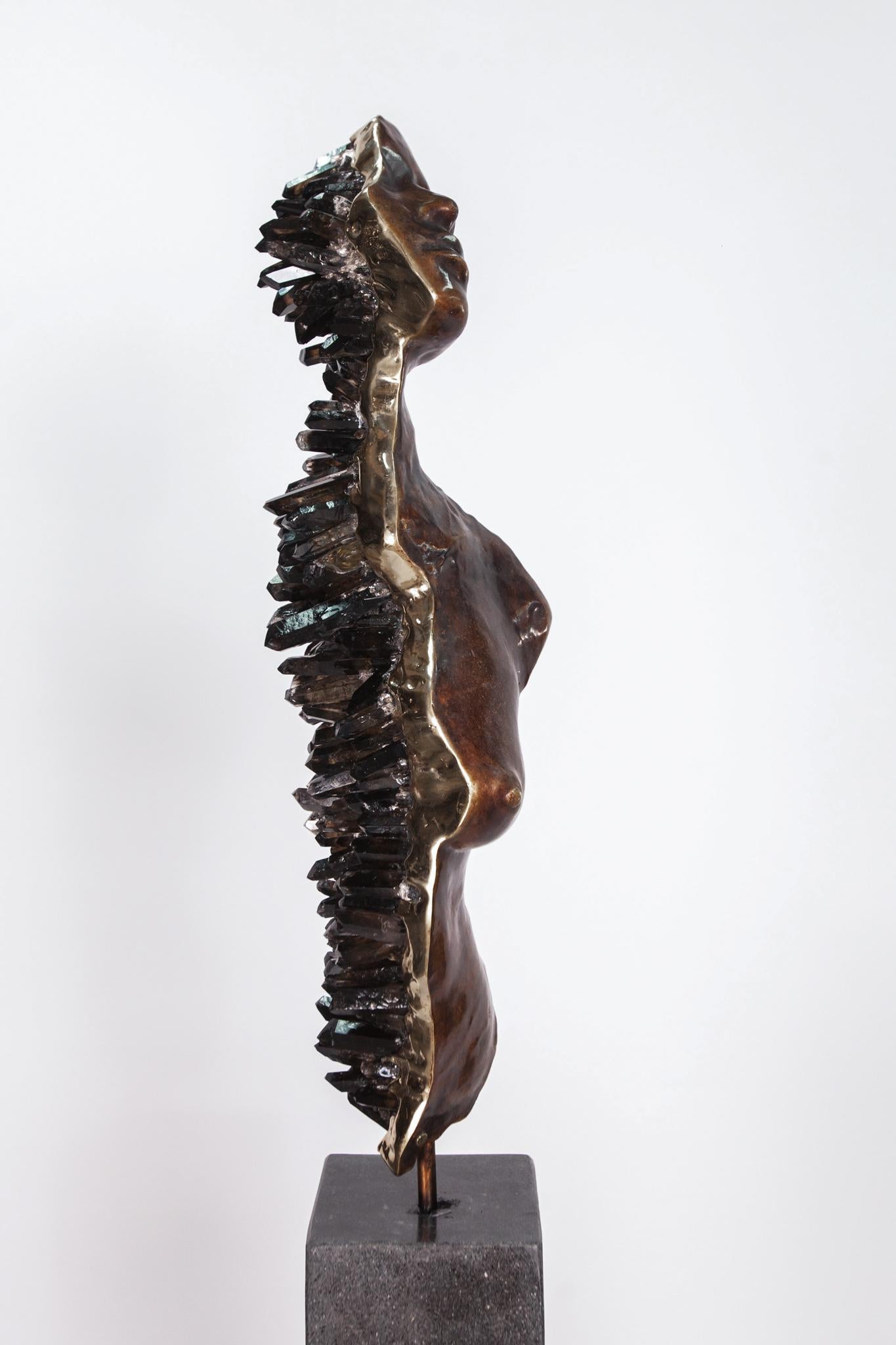 ÉTAT LIMINAL  Sculpture en bronze et cristaux de quartz fumé en vente 12