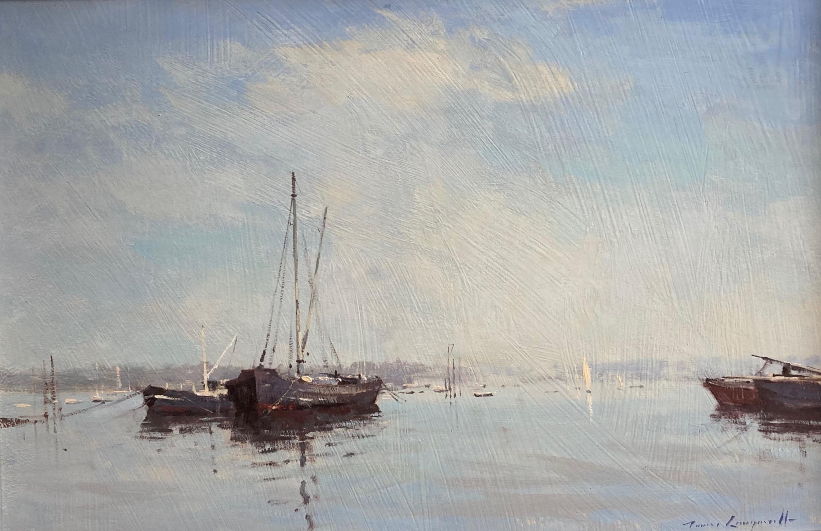 Beautiful light in this view of the river Orwell in Suffolk, close to Pin Mill.

James Longueville (born 1943)
Mist clearing, Pin Mill
Signed
Oil on board
16 x 24 excluding frame
22 x 30 inches with the frame

James Longueville was born in 1942 at