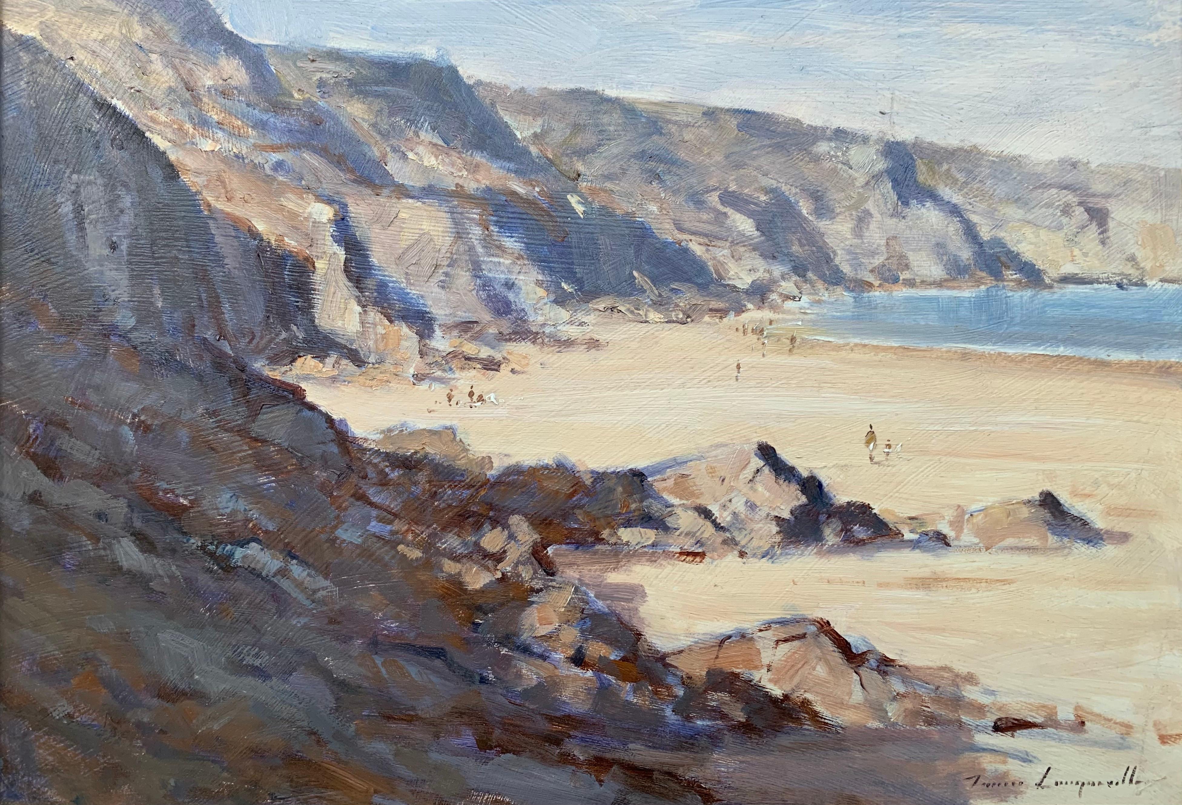 Peinture de paysage marin de la Petite Baie à Jersey par l'Artistics James Longueville PS PBSA (British Northern School)
Huile sur panneau, signée en bas à gauche, encadrée dans une moulure dorée de haute qualité

L'œuvre d'art mesure 20 x 12