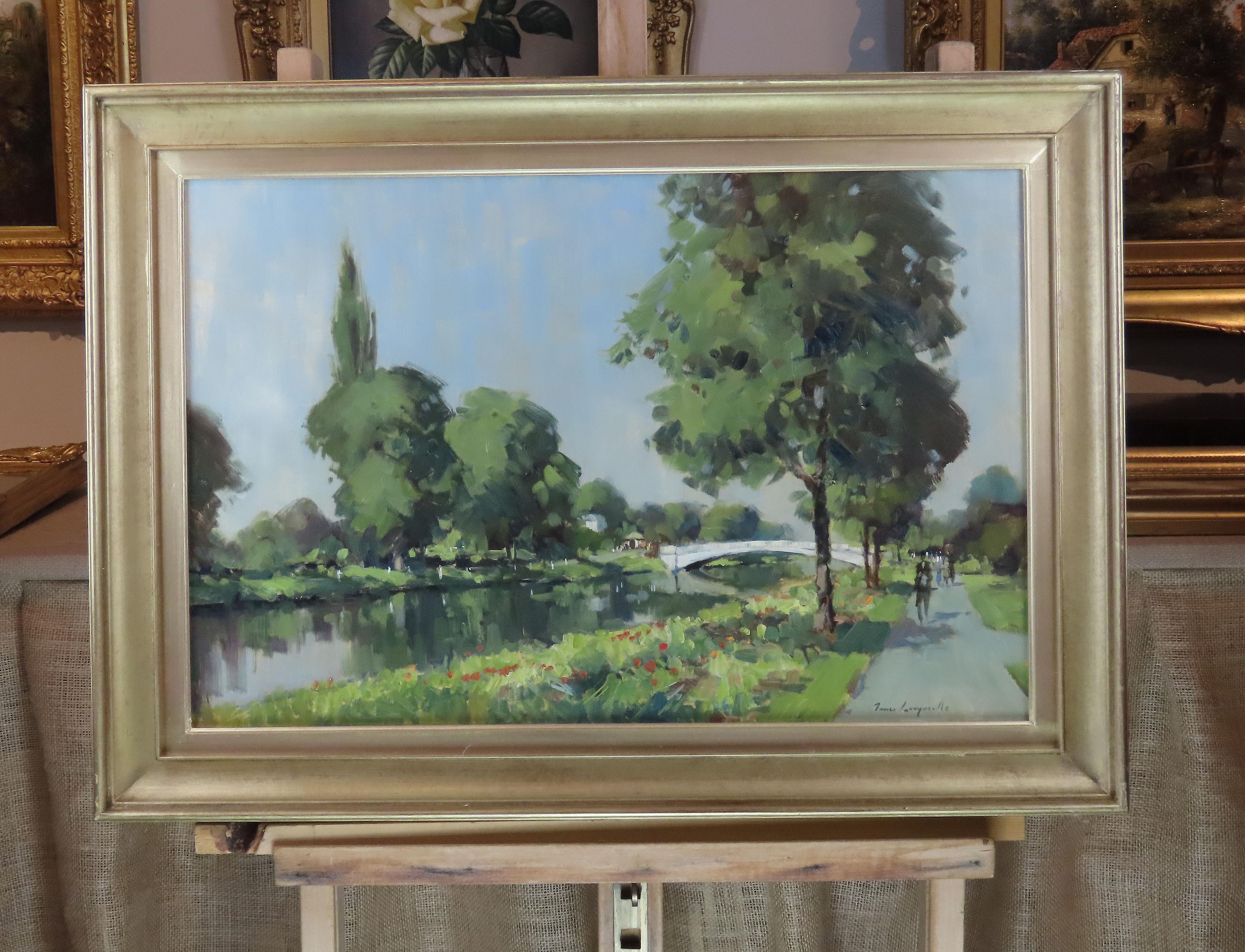 Original Öl auf Karton. JAMES LONGUEVILLE, „Evening by the Canal“ – Painting von James Longueville