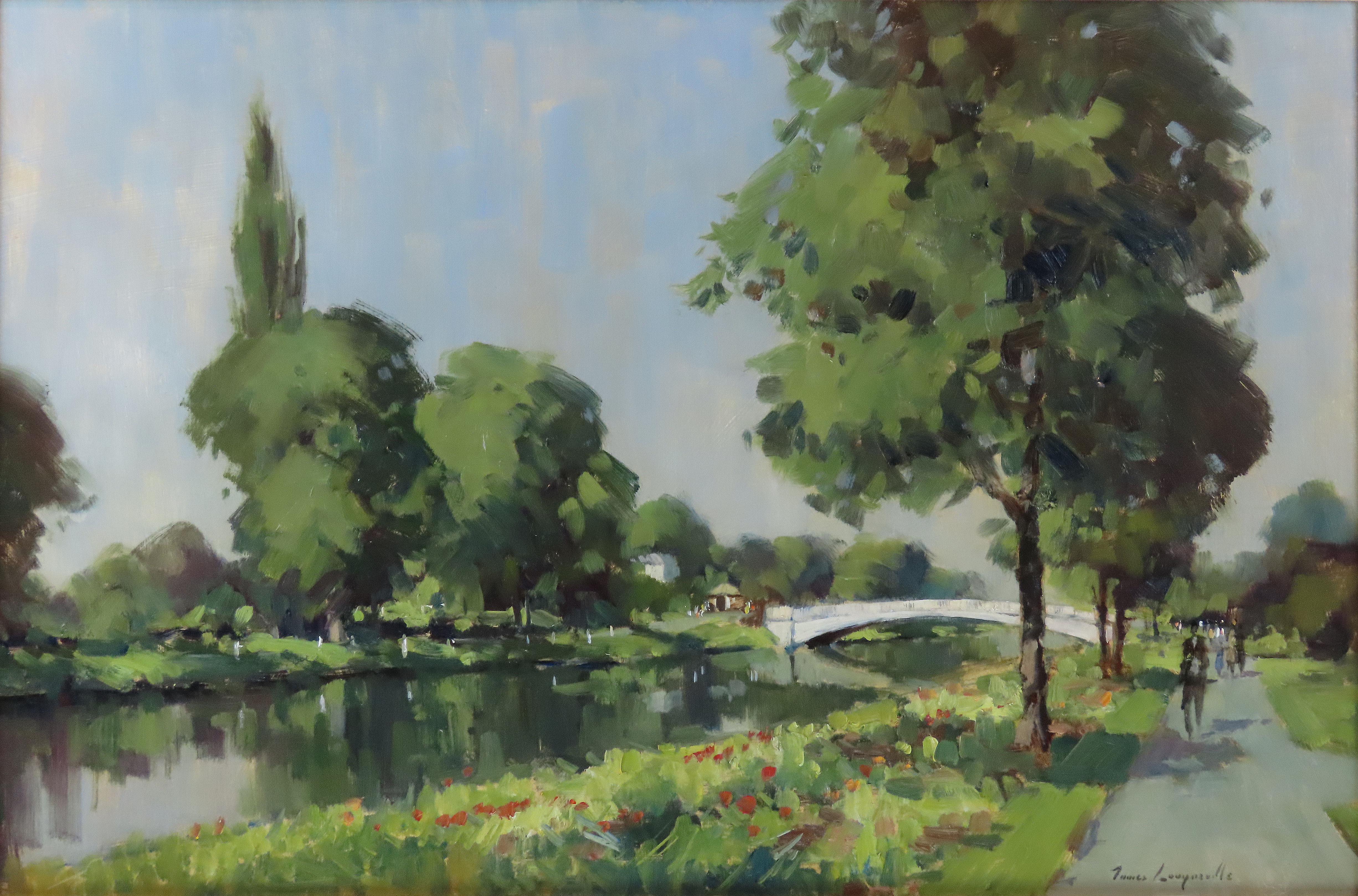 Original Öl auf Karton. JAMES LONGUEVILLE, „Evening by the Canal“ (Grau), Landscape Painting, von James Longueville