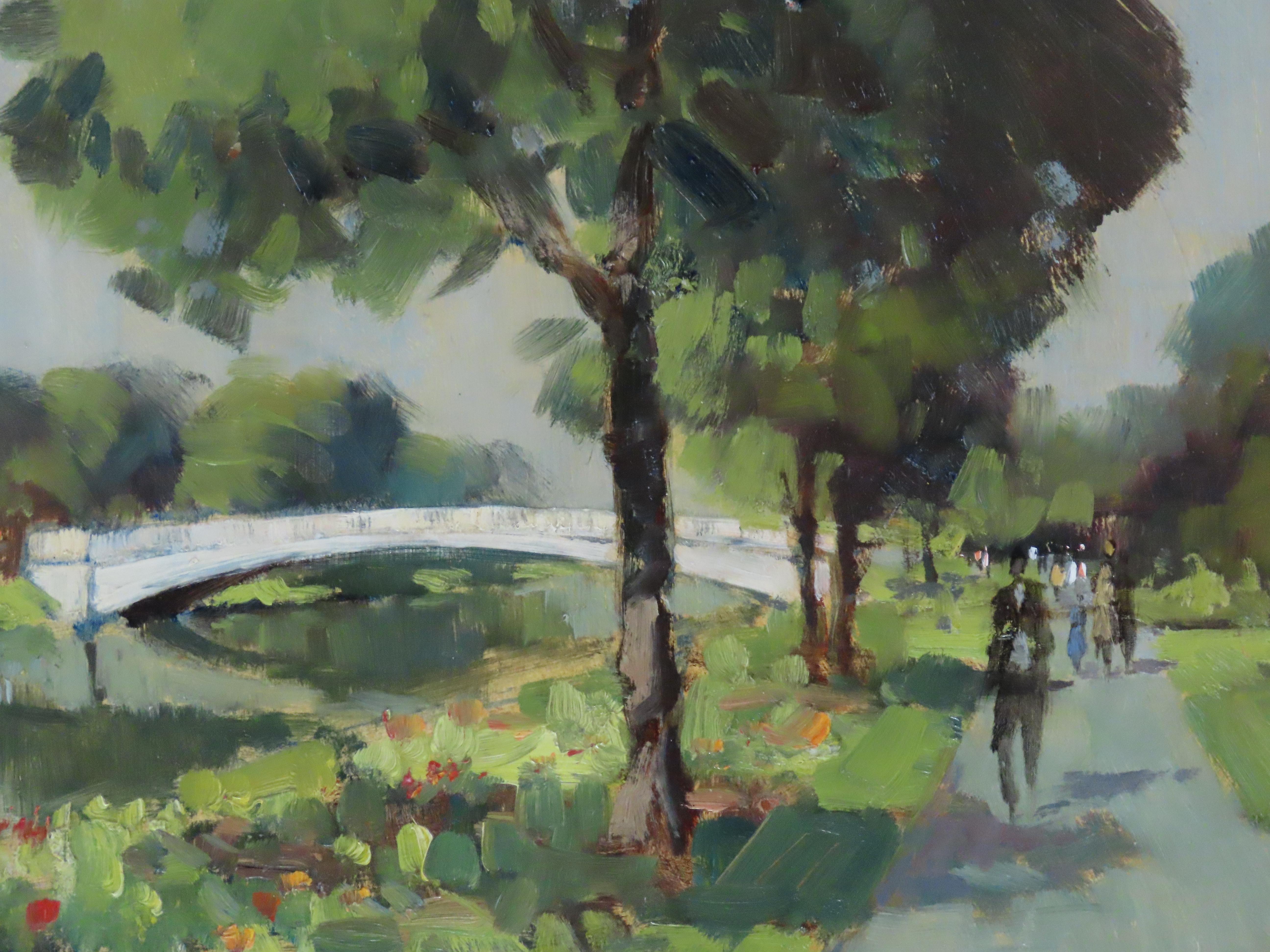 Original Öl auf Karton. JAMES LONGUEVILLE, „Evening by the Canal“ im Angebot 1