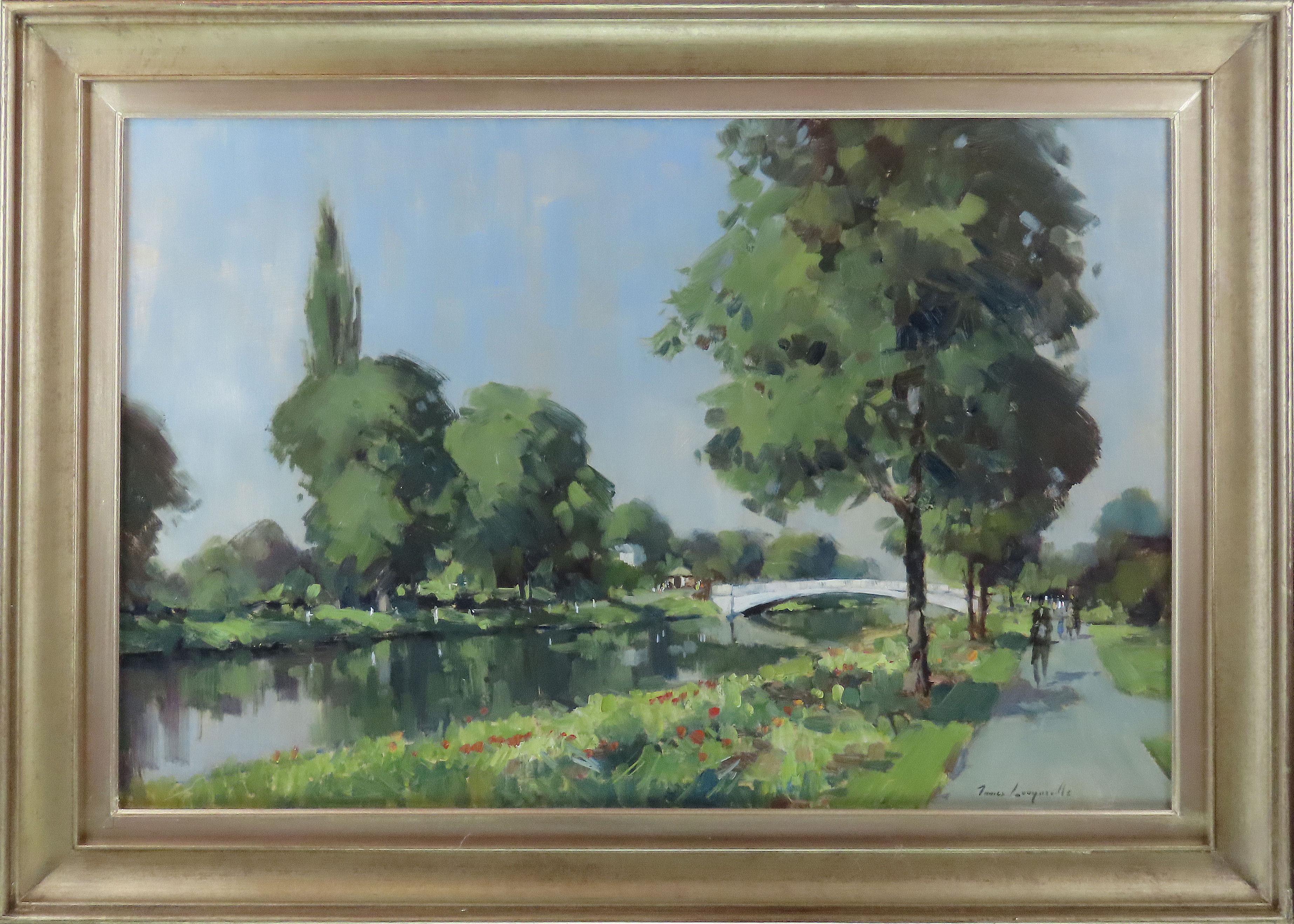 Original Öl auf Karton. JAMES LONGUEVILLE, „Evening by the Canal“
