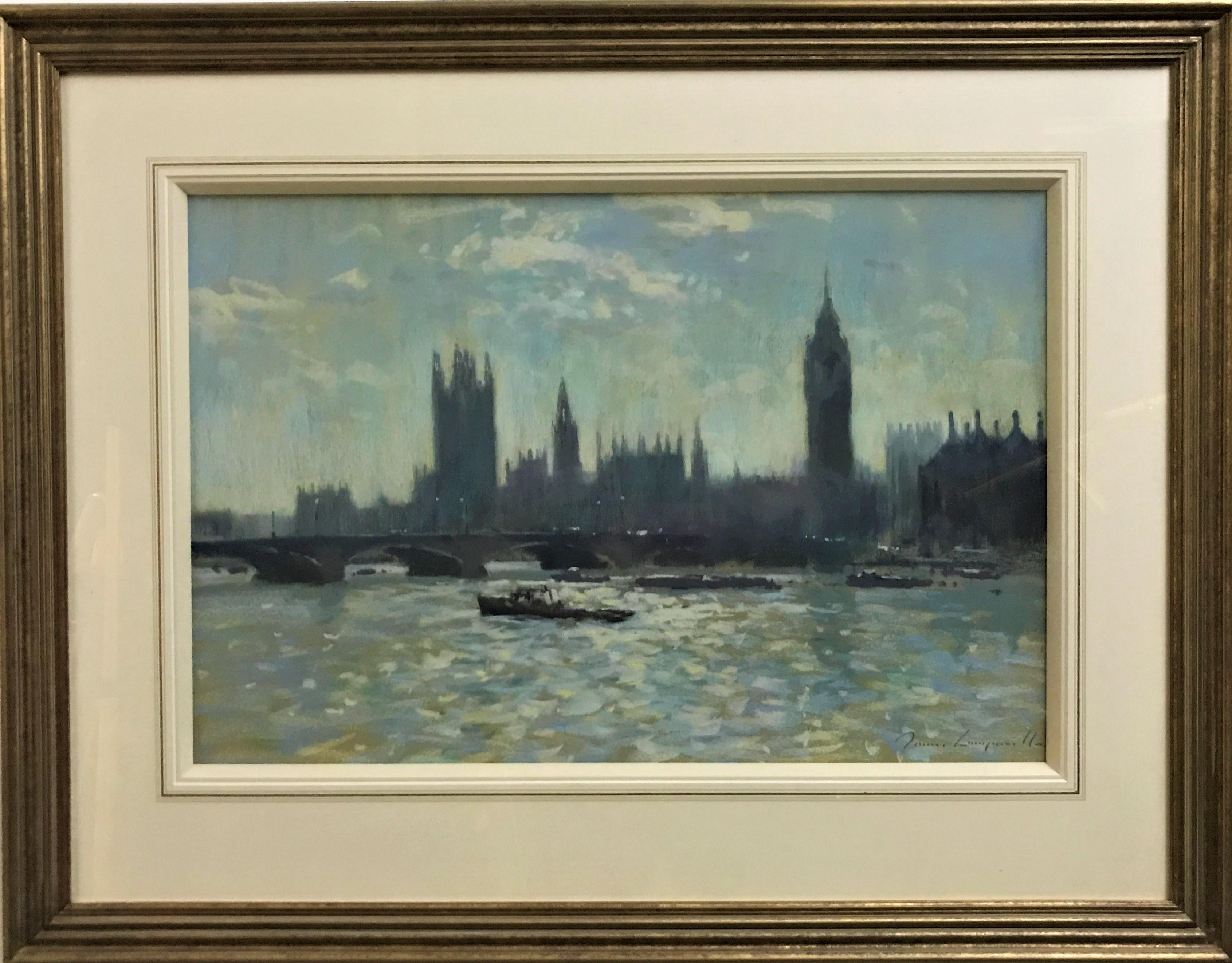 Luce sull'acqua, Palazzo di Westminister, Londra, olio su tela originale - Painting di James Longville