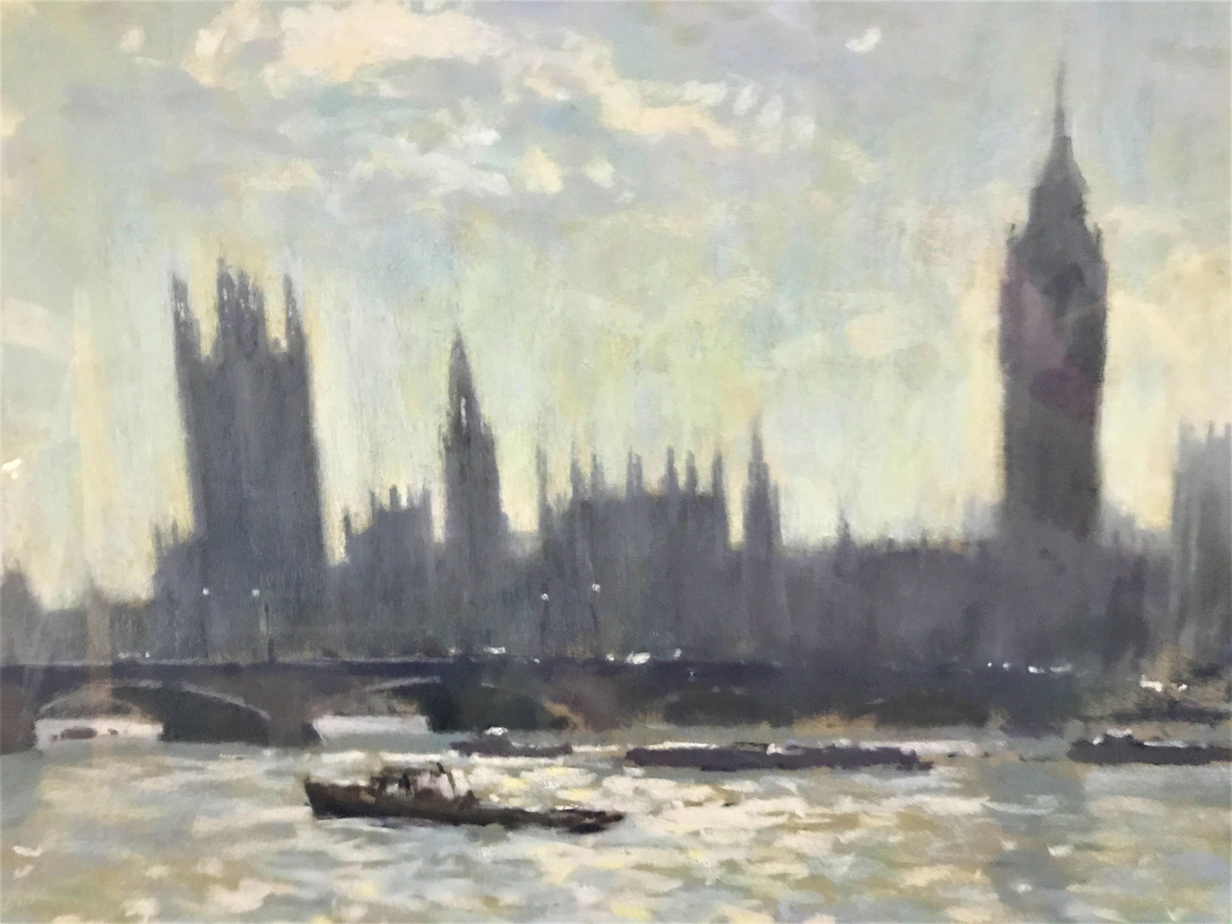 Luce sull'acqua, Palazzo di Westminister, Londra, olio su tela originale - Painting Postimpressionismo di James Longville