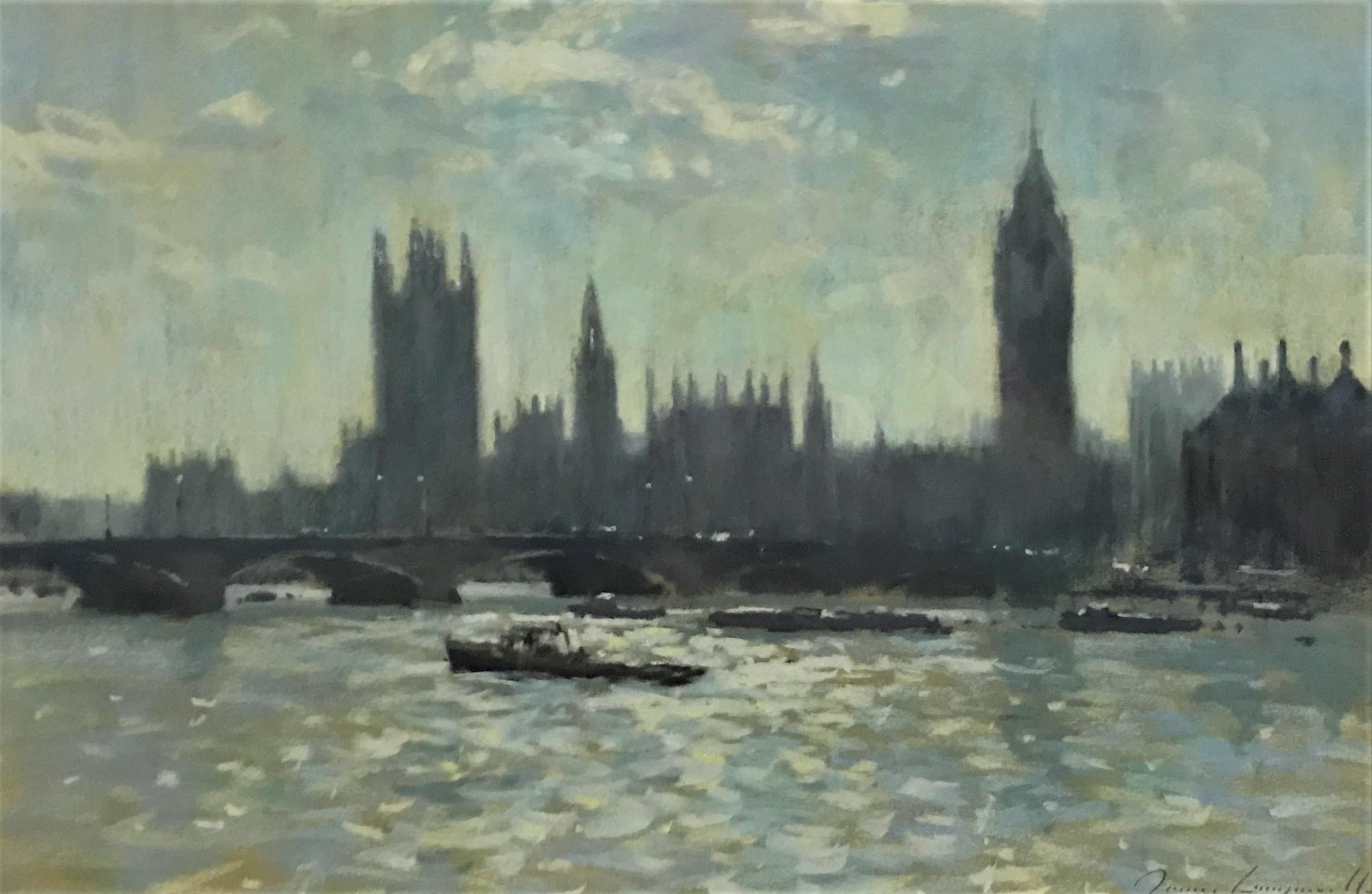 Landscape Painting di James Longville - Luce sull'acqua, Palazzo di Westminister, Londra, olio su tela originale