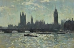Luce sull'acqua, Palazzo di Westminister, Londra, olio su tela originale