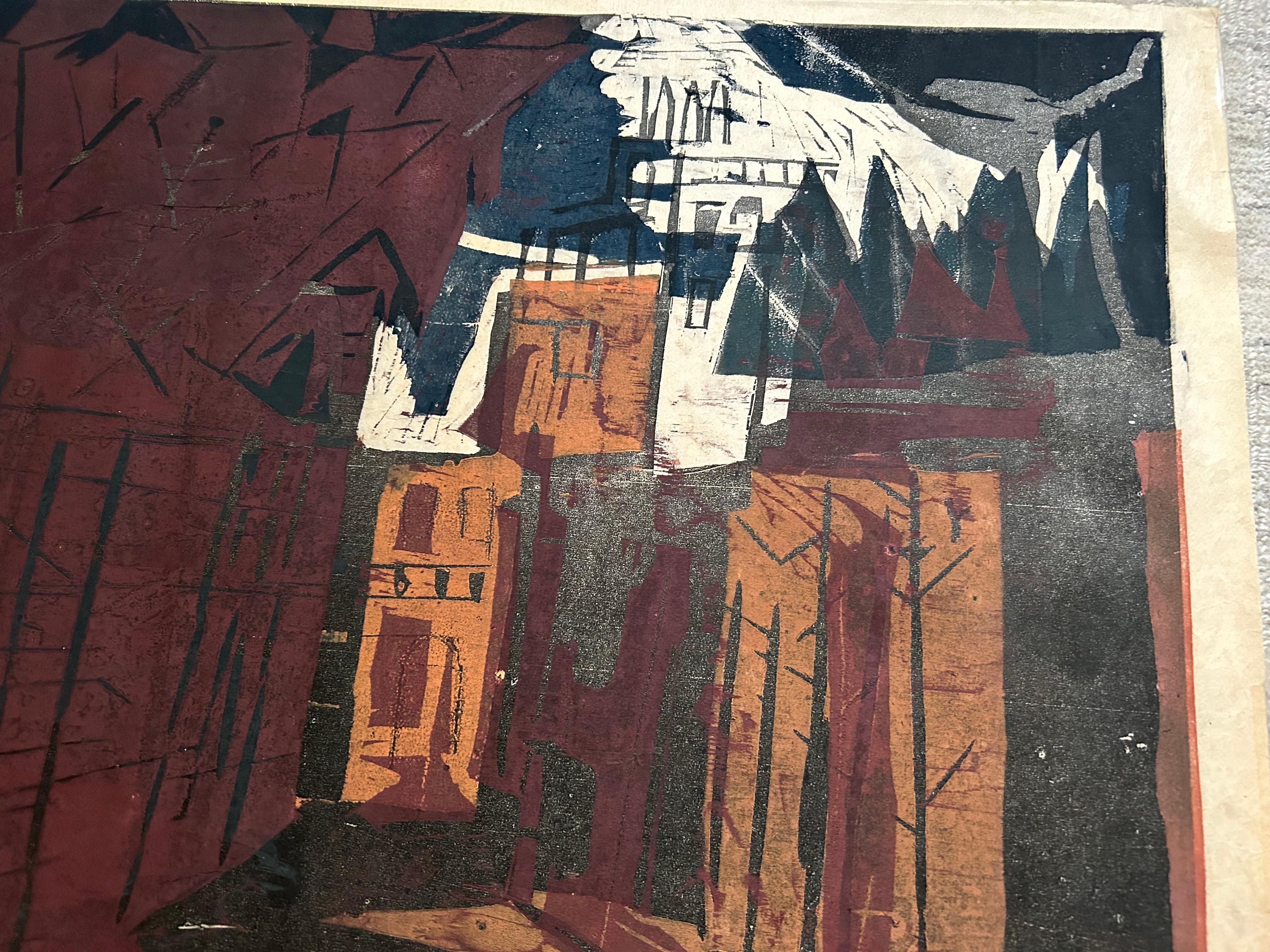 Vitale Trenta Aprile, Roma is a
Monoprint of a street scene in Rome in 1960.
The modernist interpretation of an ancient city is exquisitely rendered by Steg. His use of color and chiaroscuro creates a compelling 
work that is multifaceted.