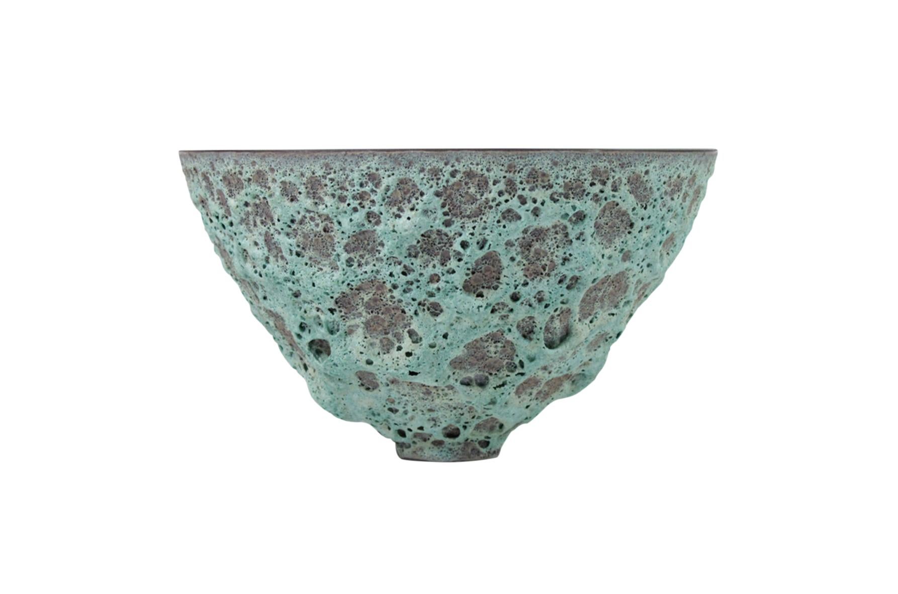 James Lovera large Studio Pottery bowl with deeply textured seafoam green lava glaze. Signed.