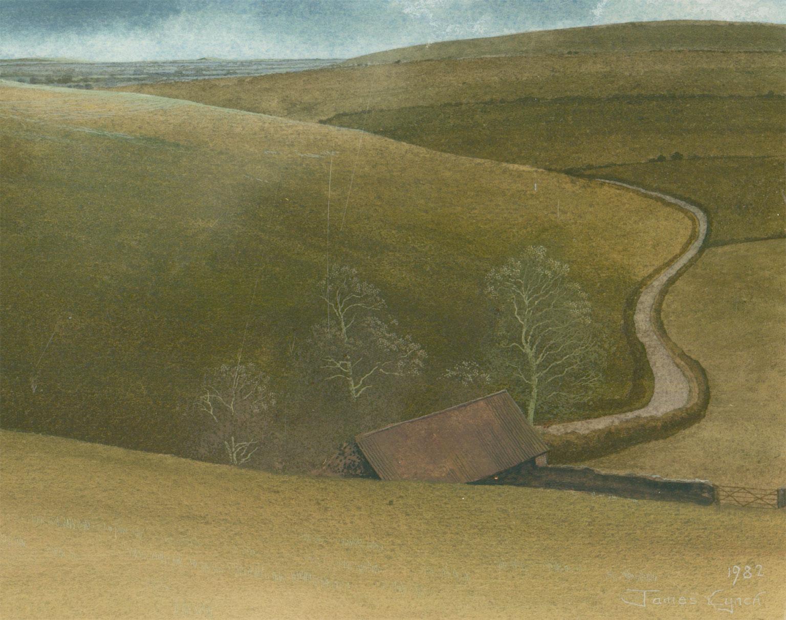 A stunning modern British landscape painted in egg tempera by the acclaimed painter James Lynch. The painting depicts the peaceful rolling hills of the English countryside, with sunlight breaking through the stormy clouds. The present painting is an