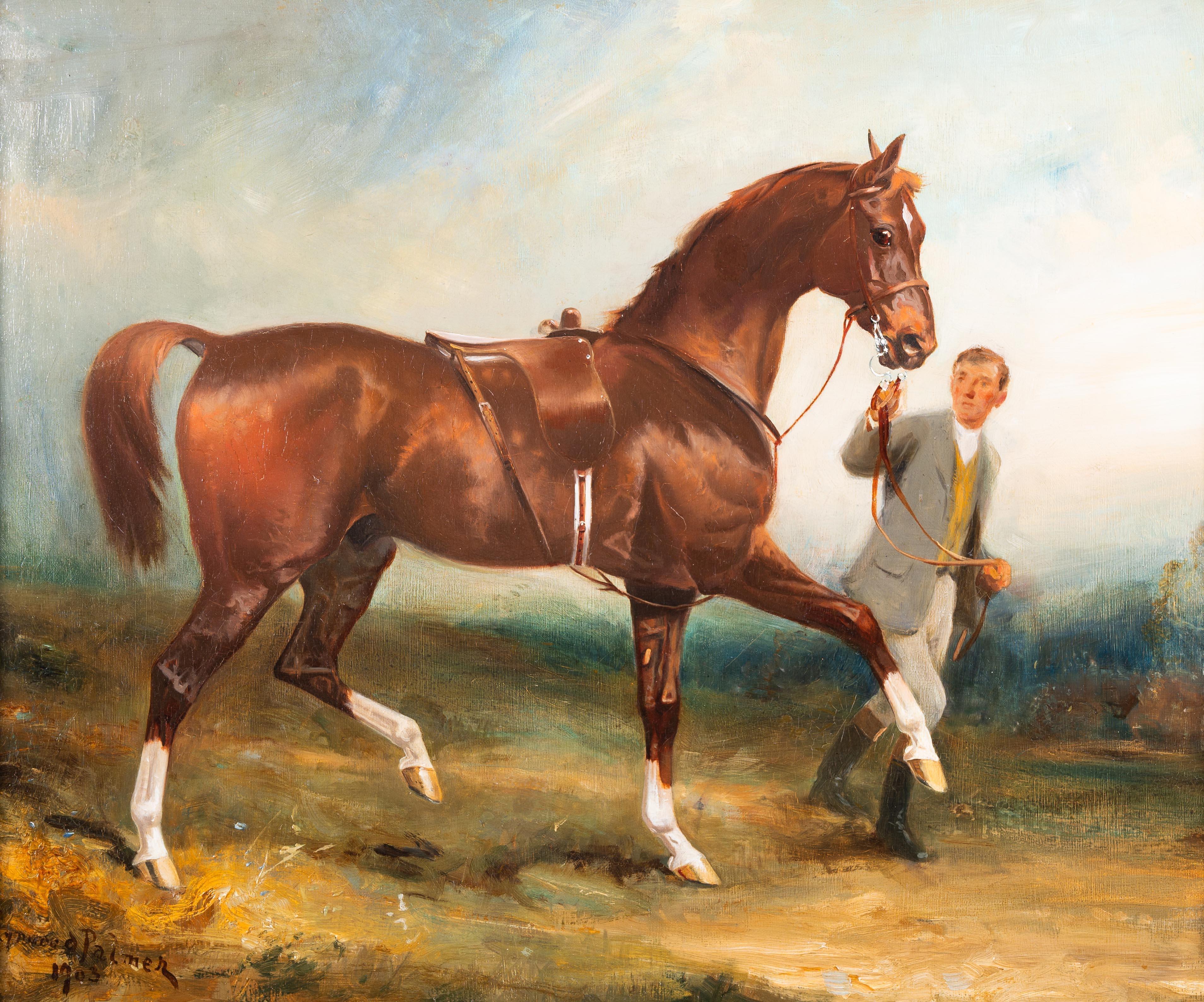 Ein Bräutigam führt einen braunen Jäger in einer Landschaft – Painting von James Lynwood Palmer 