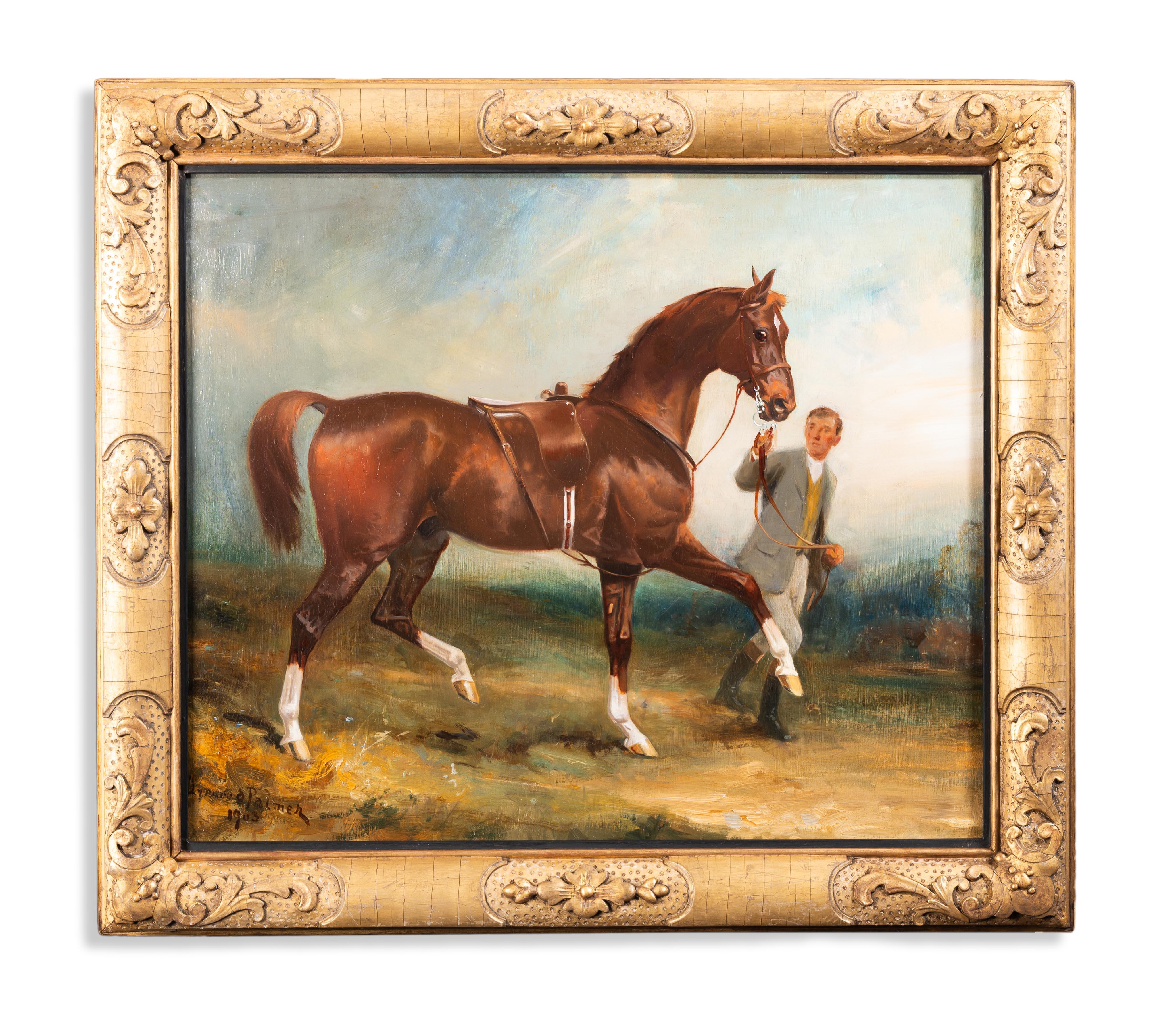 James Lynwood Palmer  Landscape Painting – Ein Bräutigam führt einen braunen Jäger in einer Landschaft
