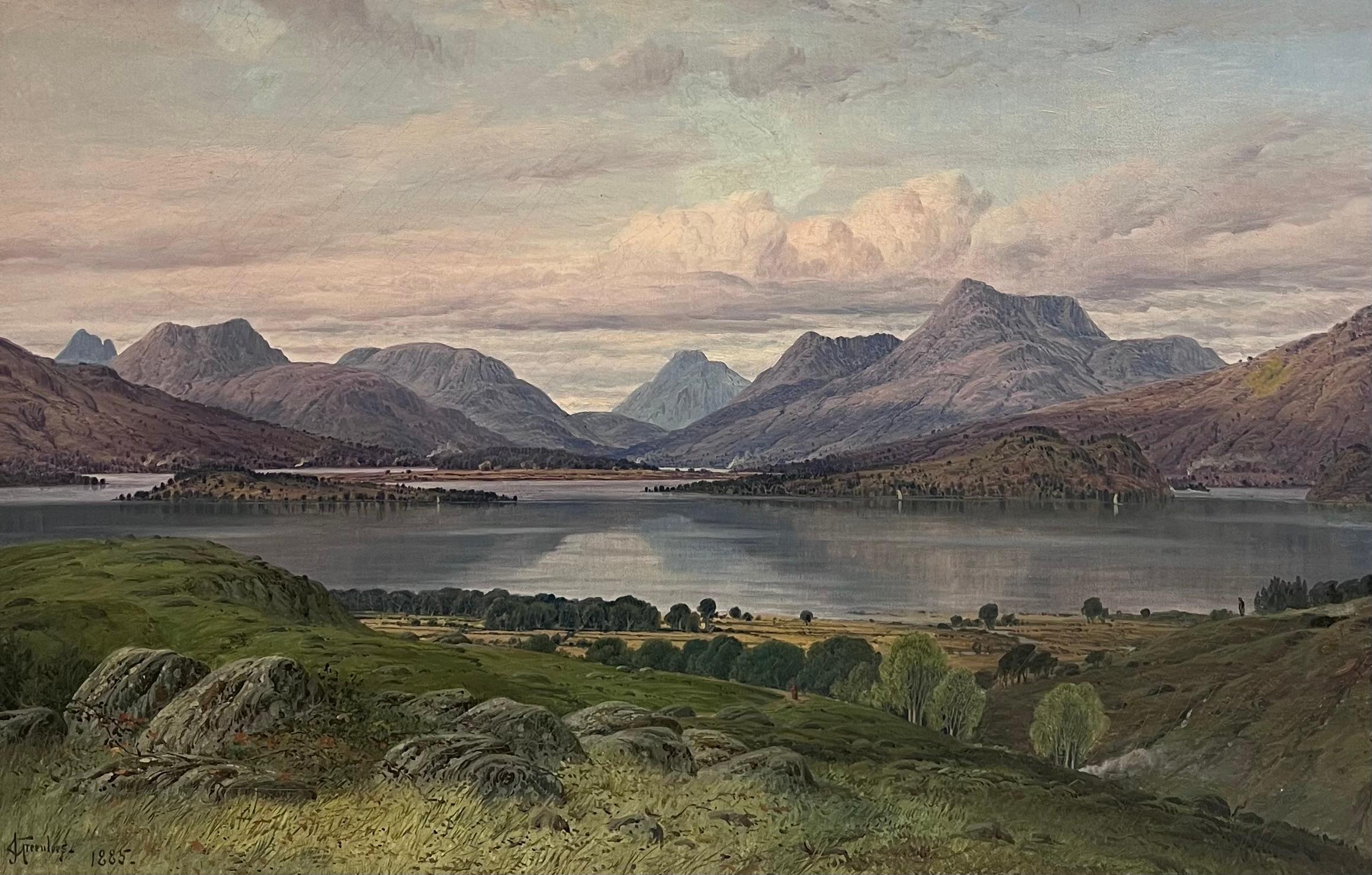 Huge Victorian Signed Scottish Loch Majestic Mountains Landscape Oil Painting - Brown Landscape Painting by James M. Robert Greenlees