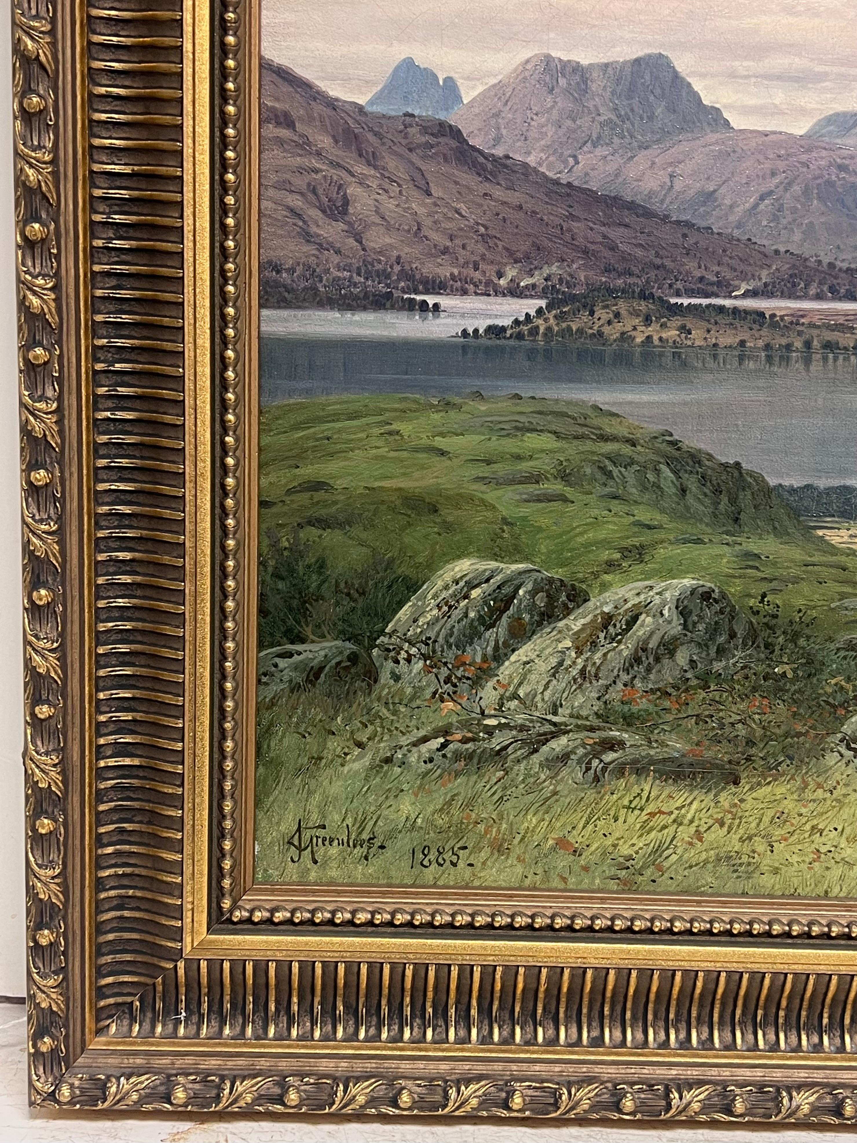 The Majestic Scottish Highlands
by James M. Robert Greenlees (British, 1820-1894)
signed oil on board, framed 
dated 1885
framed: 31 x 43 inches
board: 23.5 x 36 inches
Provenance: private collection, UK
Condition: very good condition

For more any