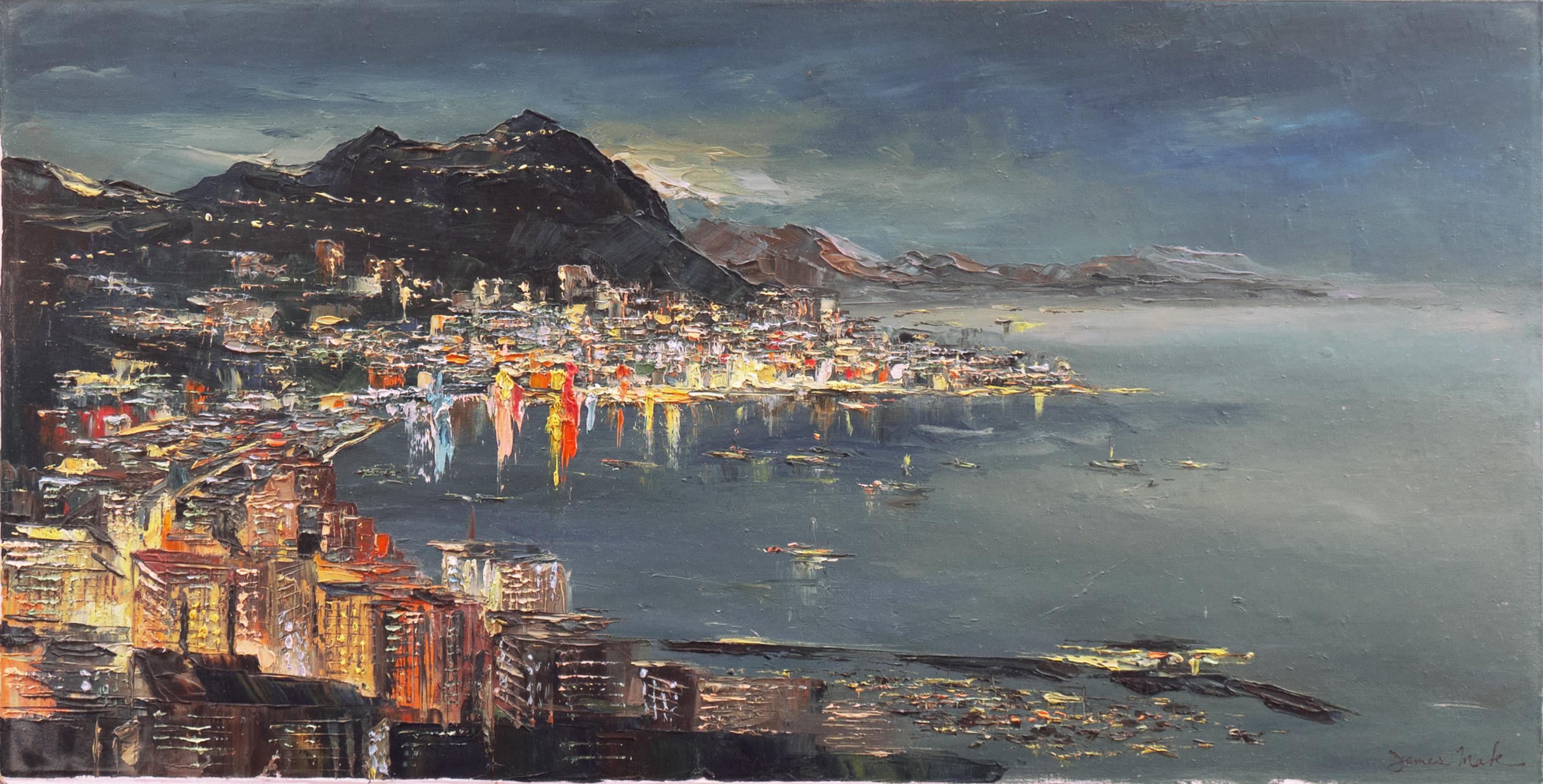 James Mak Landscape Painting - 'Waikiki by Moonlight', Hawai'i, Honolulu, Oahu, Hawaiian Beach Oil. South Seas 