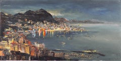 Waikiki a la luz de la luna", Hawai, Honolulu, Oahu, Hawaiian Beach Oil. Mares del Sur