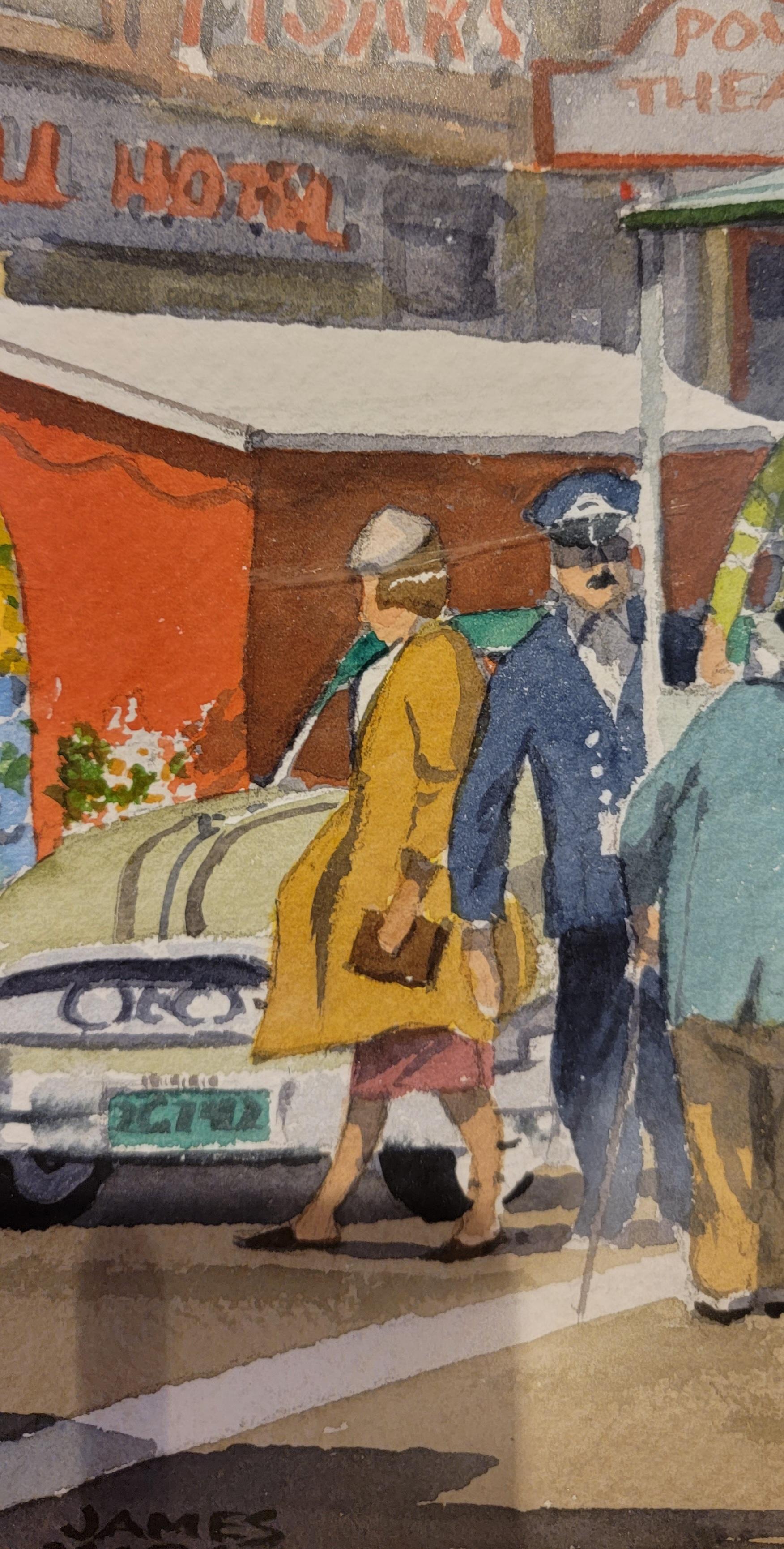Exceptional original watercolor painting of a street scene in San Francisco, California by James March Phillips. Amazing subject matter including the famous San Francisco cable car, a 1949 Pontiac, ladies and gentlemen in appropriate period attire.