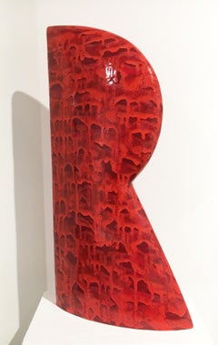 "Red R", Minimalist Abstract Ceramic Sculpture with Bright Cascading Glaze