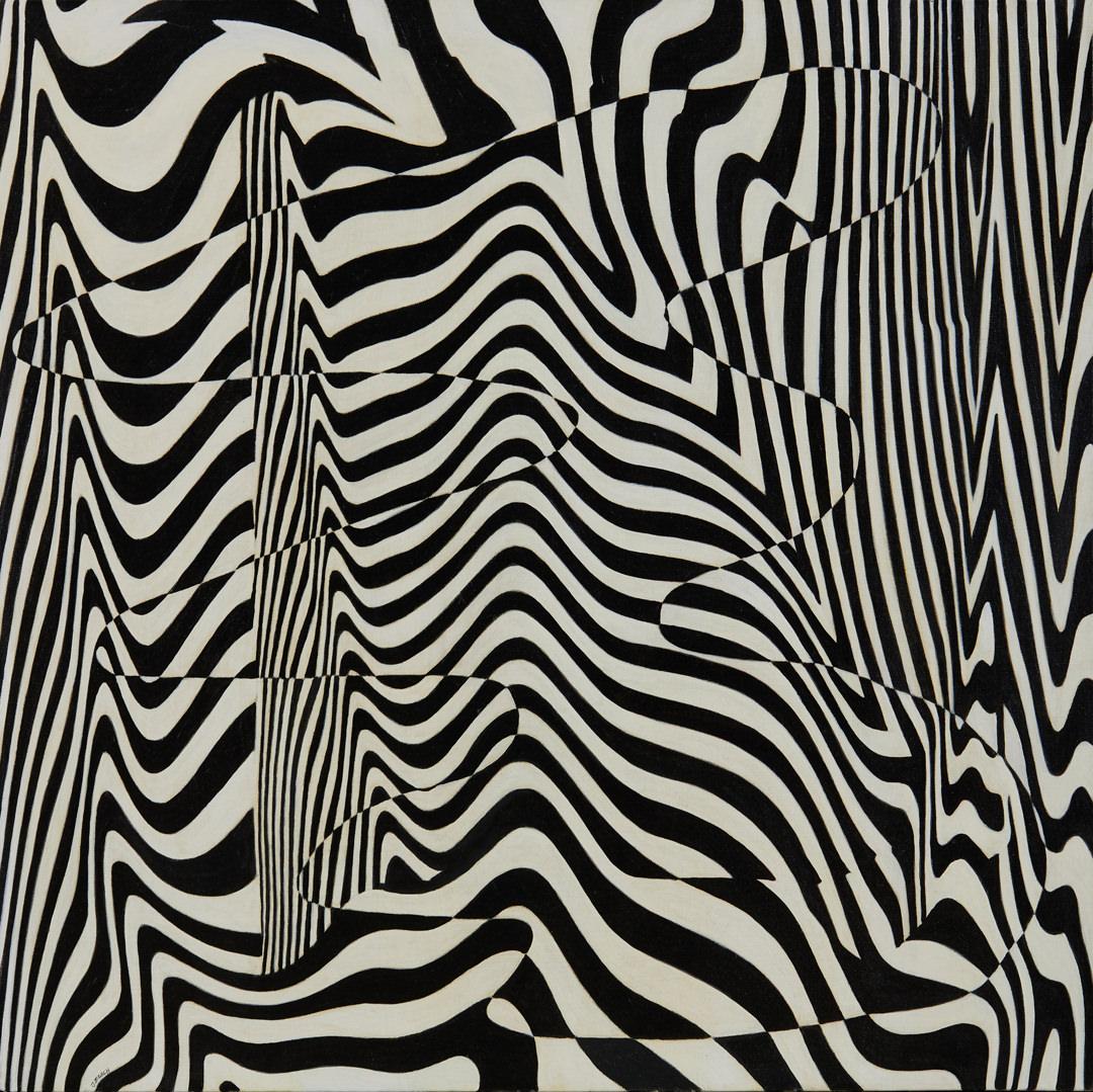 Black & White Abstract Geometrical Oil Painting, Late 20th Century Ohio Artist - Gray Figurative Painting by James Massena March