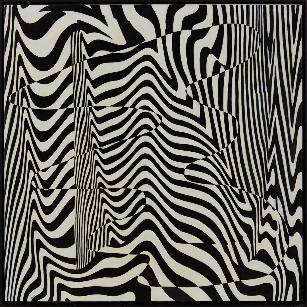 James Massena March Figurative Painting - Black & White Abstract Geometrical Oil Painting, Late 20th Century Ohio Artist