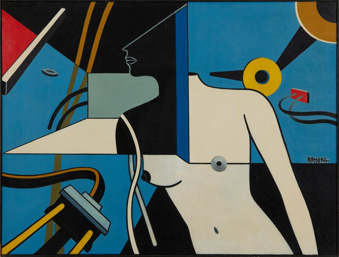 Figurative Painting de James Massena March - Mujer cósmica, Abstracción figurativa de finales del siglo XX con mujer desnuda